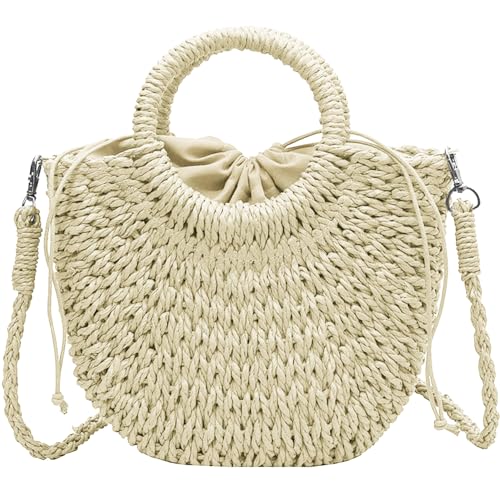 LATRAT Sommer Stroh Handtasche Damen Handgewebte Tasche, Griff oben, Strohhandtasche, Abnehmbarer Schultergurt, Clutch, Sommer Strandtasche Strohtasche Umhängetasche Flechttasche, Beige von LATRAT