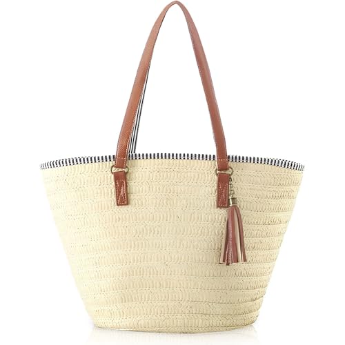 LATRAT Stroh Handtasche Damen Sommer Taschen Umhängetasche, Groß Geflochten Korbtasche Stroh Handtasche Basttasche mit Reißverschluss und Leder Schultergurt, Beige von LATRAT