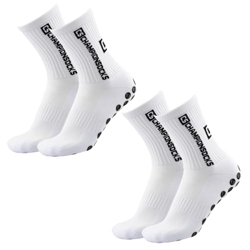 LAUMOE 2 Paare Grip Socken Fussball, Fußball Socken, Football Socks, Socken Fussball Fußballsocken 39-44 Rutschfeste Sportsocken für Fussball Basketball Laufen (Weiß) von LAUMOE