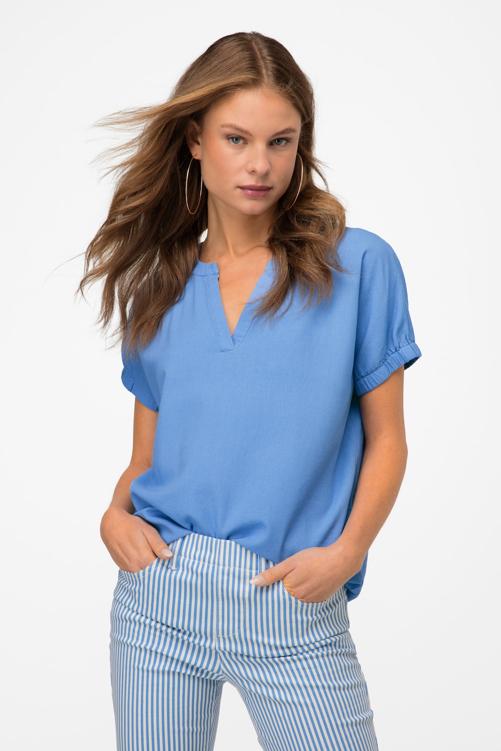 Große Größen Leinenmix-Bluse, Damen, blau, Größe: L, Leinen/Viskose, LAURASON von LAURASON