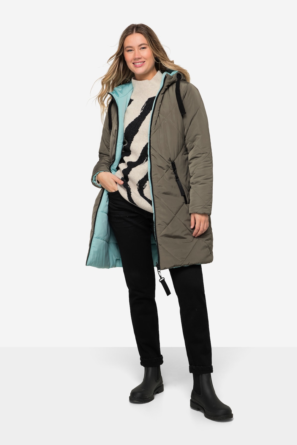 Große Größen Wende Long-Steppjacke, Damen, grau, Größe: XL, Polyester, LAURASON von LAURASON