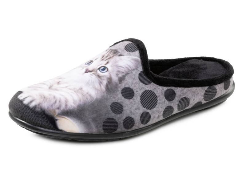 Laurina, klassische Damen-Hausschuhe, mit Katzen-Motiv, Schwarz-Multicolor, Größe 37 von LAURINA