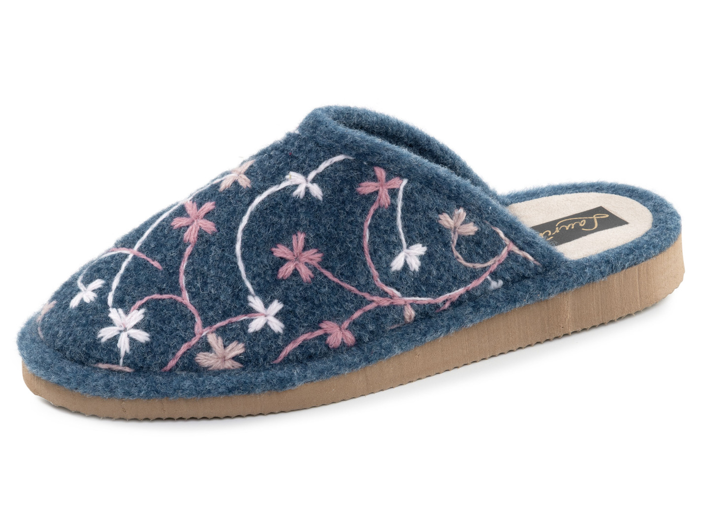 Laurina, leichte Damen-Hausschuhe, mit bunter Blüten-Stickerei, Blau, Größe 42 von LAURINA