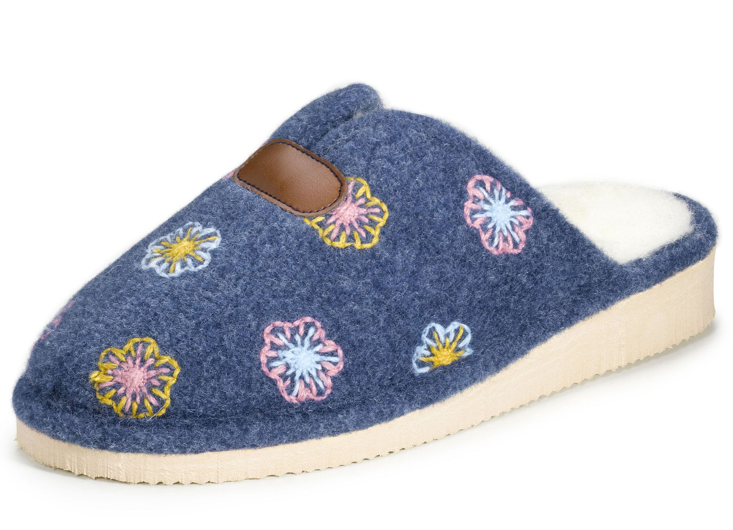 Laurina Filz-Pantoffel mit flotter Blüten-Stickerei, Jeans, Größe 41 von LAURINA