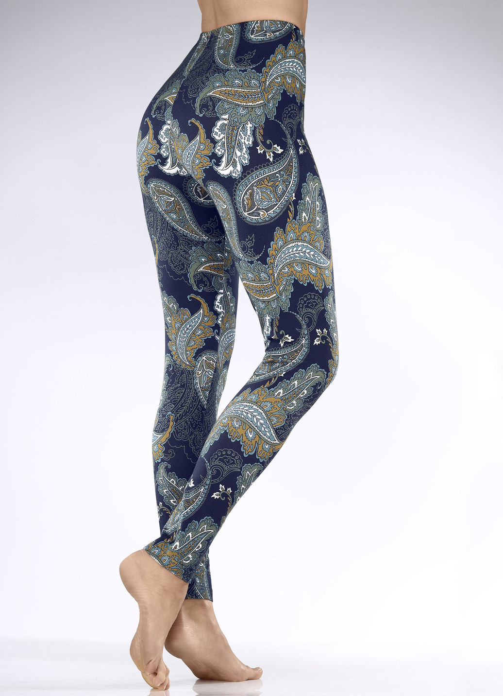 Laurina Leggings mit Paisley-Dessin, Größe L (44/46), Marine-Khaki-Bunt von LAURINA