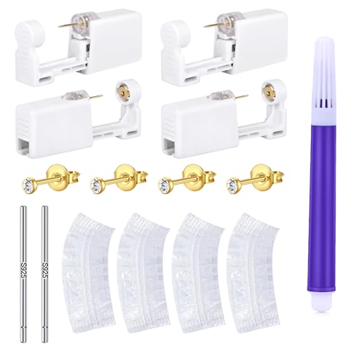 4 Stück Ohrstecker Selber Stechen Gold Set, Steril Sicherheits Ohrlochpistole mit 2mm CZ Ohrstecker, Schmerzfreies Selbst Piercing Werkzeug für Mädchen Frauen Männer von LAURITAMI