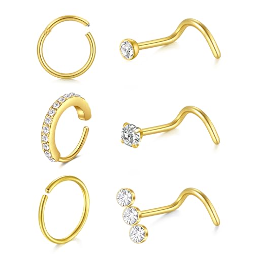 6 Stück 20G Nasenpiercing Ring Nasenpiercing Stecker Gold,10mm Edelstahl Nasenring Hoop Septum Clicker Ring Schraube Form Nasenstecker mit Zirkonia Nostril Piercing Schmuck für Frauen Männer von LAURITAMI