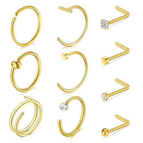 LAURITAMI 10 Stück 20G Nasenpiercing Ring Dünn, Nasenpiercing Chirurgenstahl L Form Nasenpiercing Stecker Ring Gold Piercing Set, Nasenpiercing Stecker Mit Zirkonia für Frauen und Männer LAURITAMI 10 Stück 20G Nasenpiercing Ring Dünn, Nasenpiercing Chirurgenstahl L Form Nasenpiercing Stecker Ring Gold Piercing Set, Nasenpiercing Stecker Mit Zirkonia für Frauen und Männer von LAURITAMI