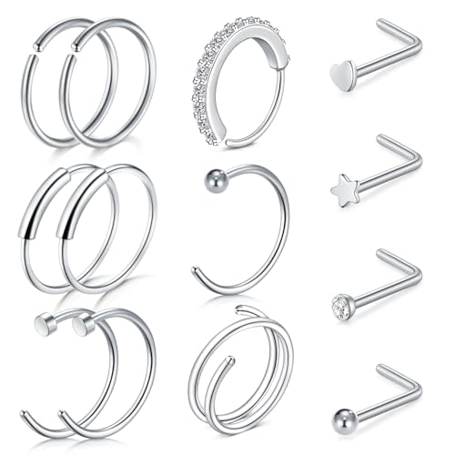 LAURITAMI 13 Stück 20G Nasenpiercing Ring Dünn, Nasenpiercing Chirurgenstahl L Form Nasenpiercing Stecker Ring Silber Piercing Set, Nasenpiercing Stecker Mit Zirkonia für Frauen und Männer LAURITAMI 13 Stück 20G Nasenpiercing Ring Dünn, Nasenpiercing Chirurgenstahl L Form Nasenpiercing Stecker Ring Silber Piercing Set, Nasenpiercing Stecker Mit Zirkonia für Frauen und Männer von LAURITAMI
