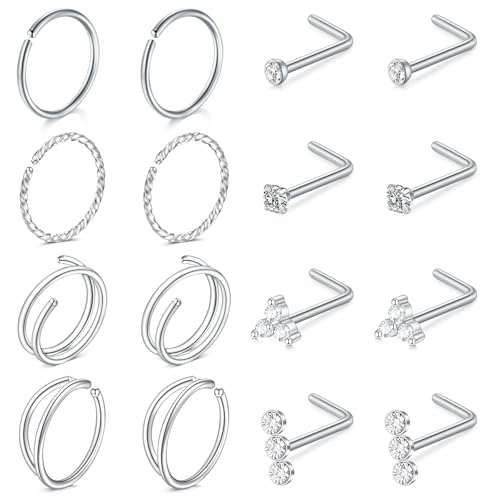LAURITAMI 16 Stück 20G Nasenpiercing Ring Dünn, Chirurgenstahl L From Nasenpiercing Stecker Silber, Doppelter Hoop Nasenpiercing Set für Frauen Männer LAURITAMI 16 Stück 20G Nasenpiercing Ring Dünn, Chirurgenstahl L From Nasenpiercing Stecker Silber, Doppelter Hoop Nasenpiercing Set für Frauen Männer von LAURITAMI