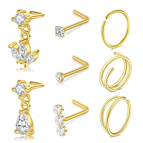 LAURITAMI 20G Nasenpiercing Ring Nasenstecker L-förmige Nasenringe Edelstahl mit Diamant CZ für Damen von LAURITAMI