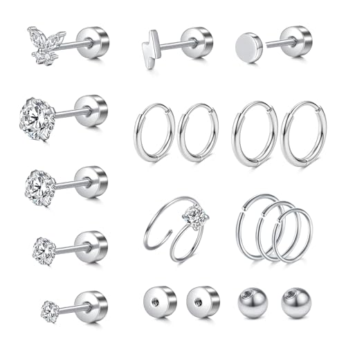 LAURITAMI 20G Ohrringe Ohrstecker Silber Set,Chirurgenstahl Ohrringe Cubic Zirkonia Ohrstecker Knorpel Helix Silber Ohrringe für Damen mehrfache Piercings Schmuck,19 Stück von LAURITAMI