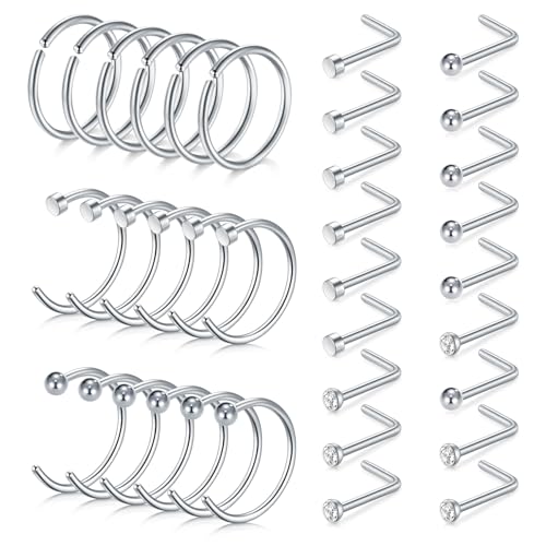 LAURITAMI 36 Stück Nasenpiercing Ring Dünn, Chirurgenstahl L From Nasenpiercing Stecker, 20G Nasenpiercing Silber Set für Damen Herren von LAURITAMI
