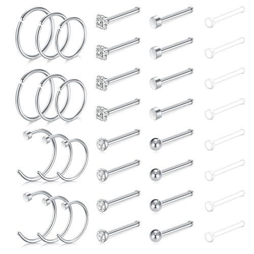 LAURITAMI 36 Stück Nasenpiercing Ring Dünn, Chirurgenstahl Nasenpiercing Stecker Klare Nase Retainers, 20G Nasenpiercing Silber Set für Frauen Männer LAURITAMI 36 Stück Nasenpiercing Ring Dünn, Chirurgenstahl Nasenpiercing Stecker Klare Nase Retainers, 20G Nasenpiercing Silber Set für Frauen Männer von LAURITAMI