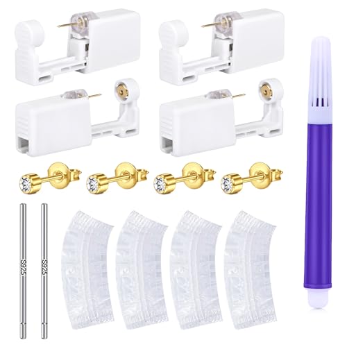 LAURITAMI 4 Stück Ohrstecker Selber Stechen Gold Set, Steril Sicherheits Ohrlochpistole mit 3mm CZ Ohrstecker, Schmerzfreies Selbst Piercing Werkzeug für Mädchen Frauen Männer von LAURITAMI