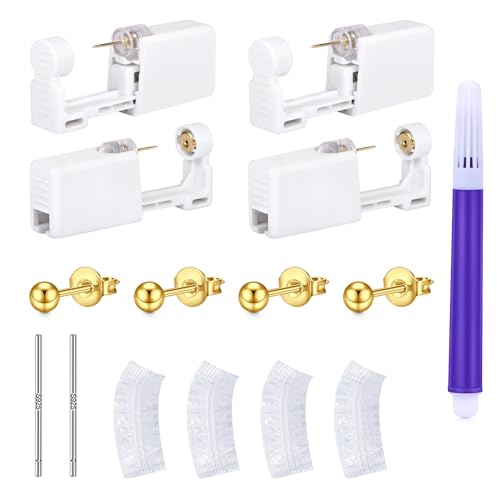 LAURITAMI 4 Stück Ohrstecker Selber Stechen Gold Set, Steril Sicherheits Ohrlochpistole mit 3mm CZ Ohrstecker, Schmerzfreies Selbst Piercing Werkzeug für Mädchen Frauen Männer von LAURITAMI