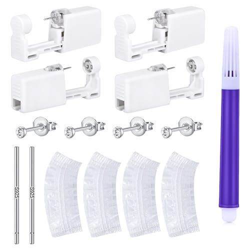 LAURITAMI 4 Stück Ohrstecker Selber Stechen Silber Set, Steril Sicherheits Ohrlochpistole mit 2mm CZ Ohrstecker, Schmerzfreies Selbst Piercing Werkzeug für Mädchen Frauen Männer von LAURITAMI