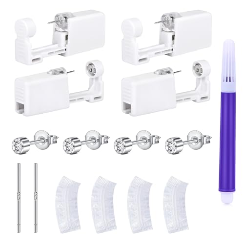 LAURITAMI 4 Stück Ohrstecker Selber Stechen Silber Set, Steril Sicherheits Ohrlochpistole mit 4mm CZ Ohrstecker, Schmerzfreies Selbst Piercing Werkzeug für Mädchen Frauen Männer von LAURITAMI