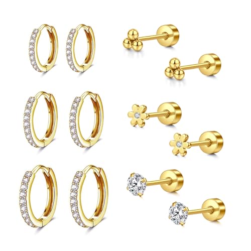 LAURITAMI 6 Paar Ohrringe Gold Set, 20G Chirurgenstahl Ohrringe Ohrstecker Cubic Zirkonia Knorpel Ohrringe für Damen mehrfache Piercings Schmuck von LAURITAMI