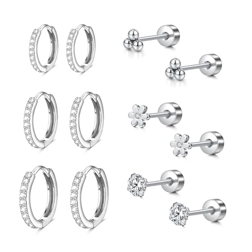 LAURITAMI 6 Paar Ohrringe Silber Set, 20G Chirurgenstahl Ohrringe Ohrstecker Cubic Zirkonia Knorpel Ohrringe für Damen mehrfache Piercings Schmuck von LAURITAMI