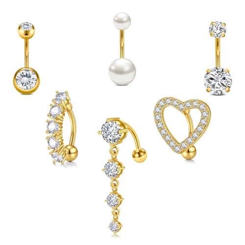 LAURITAMI 6 Stück 14G Bauchnabelpiercing Gold Set, Chirurgenstahl Bauchnabelpiercing Ring Herz Reverse Bauchnabelpiercing CZ Perle Diamant Nabelpiercing Piercing Schmuck für Damen Herren von LAURITAMI