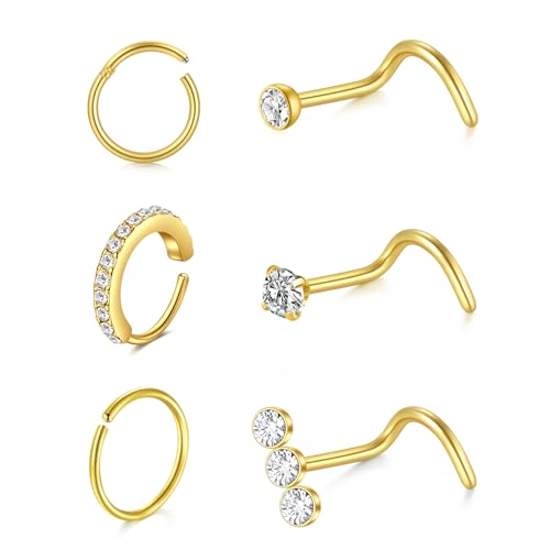 LAURITAMI 6 Stück 20G Nasenpiercing Ring Nasenpiercing Stecker Gold,8mm Edelstahl Nasenring Hoop Septum Clicker Ring Schraube Form Nasenstecker mit Zirkonia Nostril Piercing Schmuck für Frauen Männer von LAURITAMI
