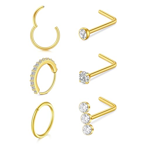 LAURITAMI 6 Stück 20G Nasenpiercing Ring Nasenpiercing Stecker Gold,Edelstahl Nasenring Hoop Septum Clicker Ring L Form Nasenstecker mit Zirkonia Nostril Piercing Schmuck für Frauen Männer von LAURITAMI