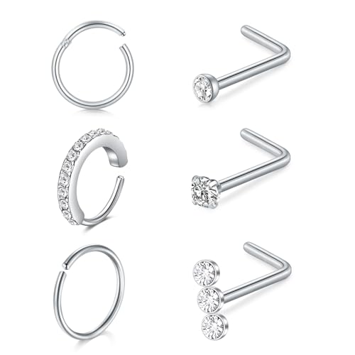 LAURITAMI 6 Stück 20G Nasenpiercing Ring Nasenpiercing Stecker Silber,10mm Edelstahl Nasenring Hoop Septum Clicker Ring L Form Nasenstecker mit Zirkonia Nostril Piercing Schmuck für Frauen Männer von LAURITAMI