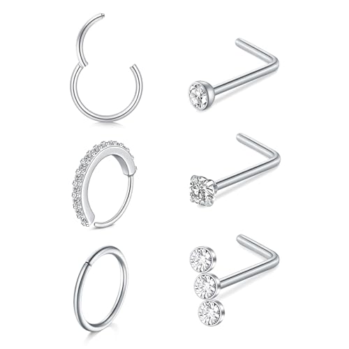 LAURITAMI 6 Stück 20G Nasenpiercing Ring Nasenpiercing Stecker Silber,Edelstahl Nasenring Hoop Septum Clicker Ring L Form Nasenstecker mit Zirkonia Nostril Piercing Schmuck für Frauen Männer LAURITAMI 6 Stück 20G Nasenpiercing Ring Nasenpiercing Stecker Silber,Edelstahl Nasenring Hoop Septum Clicker Ring L Form Nasenstecker mit Zirkonia Nostril Piercing Schmuck für Frauen Männer von LAURITAMI