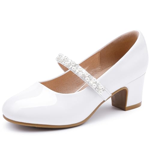 LAURMOSA Mary Jane Ballerinas für Blumenmädchen, flache Schuhe, mit Perlen und Strasssteinen, für Kirche, Hochzeit, Party, kleine große Kinder, weiße Lacklederoptik, 36 2/3 EU von LAURMOSA