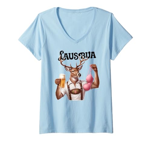 Damen LAUSBUA - Retro Ersatz Tracht Bua Hirsch Bier Oktoberfest T-Shirt mit V-Ausschnitt Damen LAUSBUA - Retro Ersatz Tracht Bua Hirsch Bier Oktoberfest T-Shirt mit V-Ausschnitt von LAUSBUA - Bier Bua Lecker Bierchen Bierliebhaber