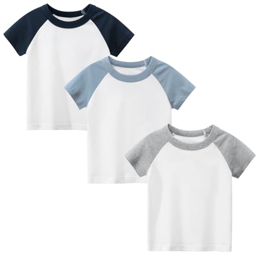 Jungen T-Shirts 3er-Pack Kinder Kurzarmshirts Rundhalsausschnitt Baumwolle Summer Oberteile Tops Marine/Blau/Grau 130 von LAUSONS