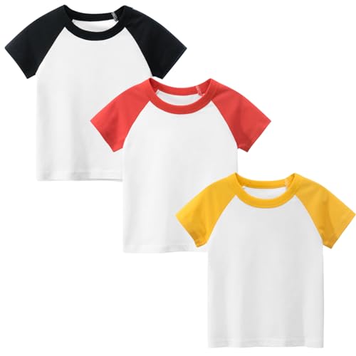 Jungen T-Shirts 3er-Pack Kinder Kurzarmshirts Rundhalsausschnitt Baumwolle Summer Oberteile Tops Schwarz/Rot/Gelb 90 von LAUSONS