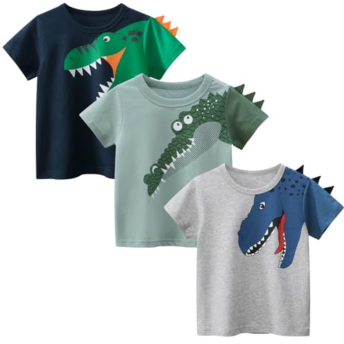 Kinder T-Shirts 3er-Pack Jungen Baumwolle Kurzarm Shirt Rundhalsausschnitt Summer Oberteile Cartoon Dino 120 von LAUSONS