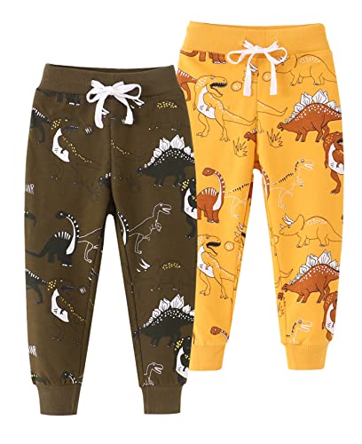 LAUSONS 2er Pack Jungen Jogginghose Kinder Sweathose Jogger Hosen mit Gummizug Brauner Dino/Gelber Dino DE:92-98 (Herstellergröße 100) von LAUSONS