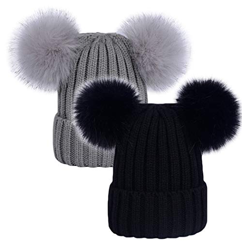 LAUSONS Damen 2er Strickmütze Warme Wintermütze Gerippte Beanie Mütze mit abnehmbaren Kunstfell Bommel Schwarz/Grau von LAUSONS