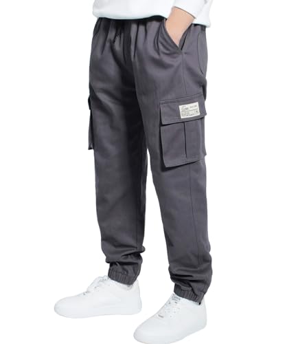 LAUSONS Hosen für Jungen Cargohose Jogger Locker Geschnittene Freizeithose mit Gummizug Grau DE: 134-140 (Herstellergröße 130) von LAUSONS