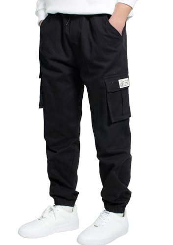 LAUSONS Hosen für Jungen Cargohose Jogger Locker Geschnittene Freizeithose mit Gummizug Schwarz DE: 134-140 (Herstellergröße 130) von LAUSONS