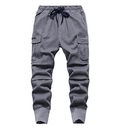 LAUSONS Jungen Cargohose Kinder Cargo Jogginghose Stretch Twill Hosen mit Gummizug Grau DE:128-134 (Herstellergröße 130) von LAUSONS