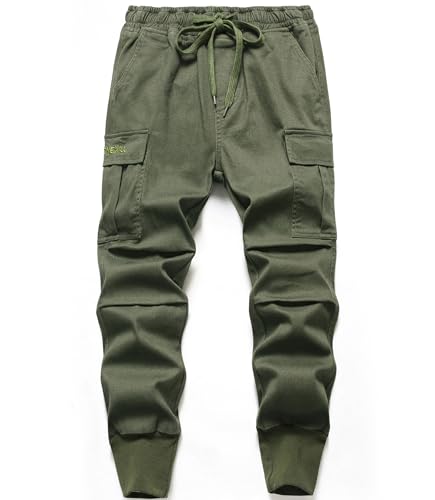 LAUSONS Jungen Cargohose Kinder Cargo Jogginghose Stretch Twill Hosen mit Gummizug Grün DE:128-134 (Herstellergröße 130) von LAUSONS