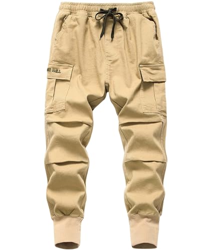 LAUSONS Jungen Cargohose Kinder Cargo Jogginghose Stretch Twill Hosen mit Gummizug Khaki DE:146-152 (Herstellergröße 150) von LAUSONS