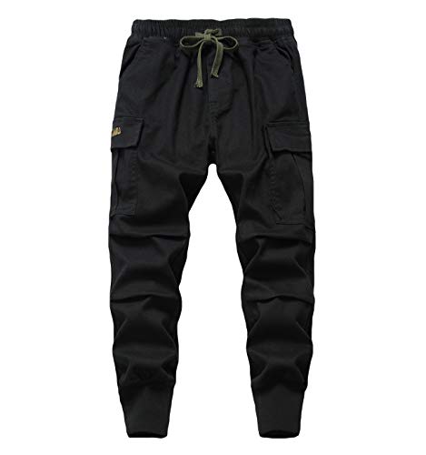 LAUSONS Jungen Cargohose Kinder Cargo Jogginghose Stretch Twill Hosen mit Gummizug Schwarz DE:128-134 (Herstellergröße 130) von LAUSONS