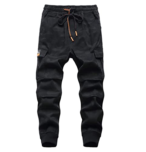 LAUSONS Jungen Cargohose Camouflage Kinder Cargo Jogginghose Stretch Twill Hosen Schwarz Tarnung mit Gummizug DE:164-170 (Herstellergröße 170) von LAUSONS