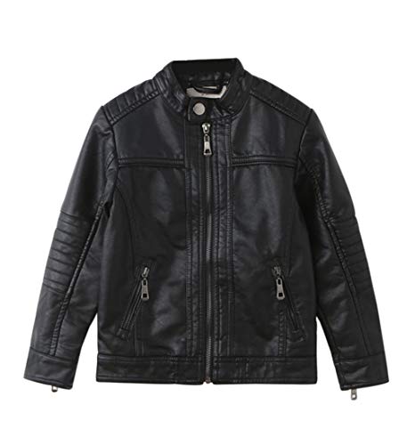 LAUSONS Jungen Kunstlederjacke Gefüttert Kinder Kragen Motorrad Lederimitat Mantel Bikerstyle mit Futter Schwarz 128 von LAUSONS