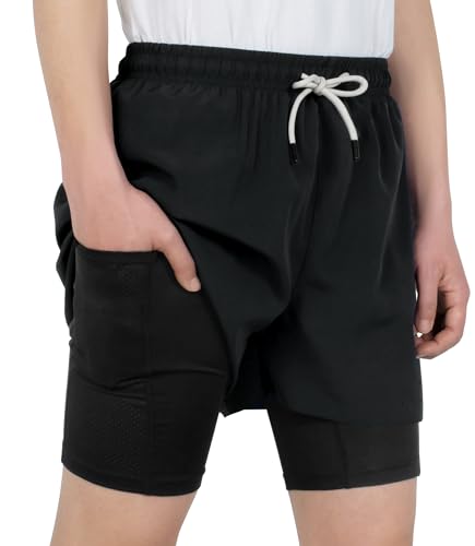 LAUSONS Jungen Shorts 2 in 1 Laufshorts Kurze Hose Kinder Sporthose Kurz Schnelltrocknend Trainingsshorts mit Taschen Schwarz DE: 122-128 (Herstellergröße 130) von LAUSONS
