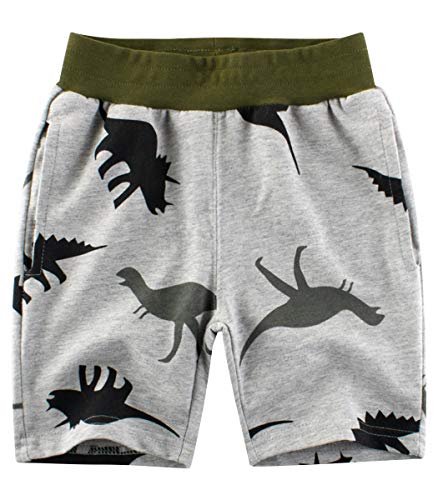 LAUSONS Jungen Sommershorts Baumwolle Kurze Hose Elastikbund Shorts mit Dinosaurier-Druck Grau 128 von LAUSONS