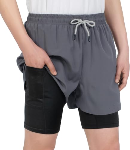 LAUSONS Jungen Trainingsshorts 2 in 1 mit integrierter Kompressionshose Kurze Sporthose Kinder Shorts Laufshorts Schnelltrocknend Kurze Hose mit Taschen Grau DE: 134-140 (Herstellergröße 140) von LAUSONS