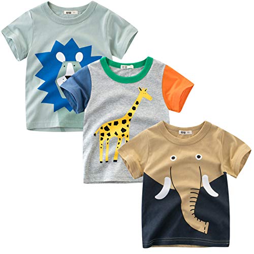 LAUSONS Kinder 3er-Pack T-Shirt Kurzarm Shirt Rundem Ausschnitt Oberteile Cartoon Tiere 122/Etikett 120 von LAUSONS