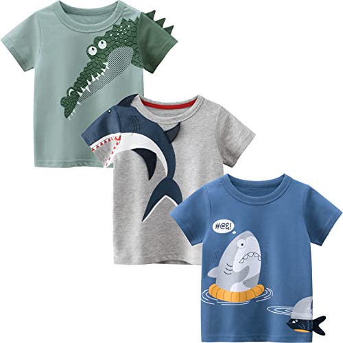 LAUSONS Kinder 3er-Pack T-Shirt Kurzarm Shirt Rundem Ausschnitt Oberteile Cartoon Tiere Set 104/Etikett 100 von LAUSONS