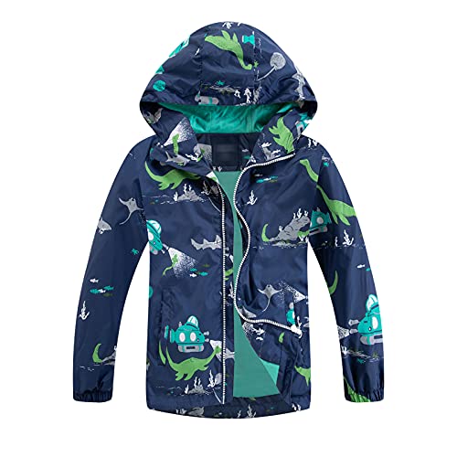 LAUSONS Kinder Dinosaurier Regenjacke Jungen Winddicht Sommerjacke Atmungsaktive Jacke mit Kapuze Dunkelblau DE: 152-158 (Herstellergröße 150) von LAUSONS